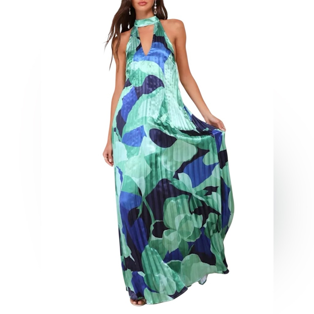 Lulu's Green and Blue Floral Halter Maxi Dress